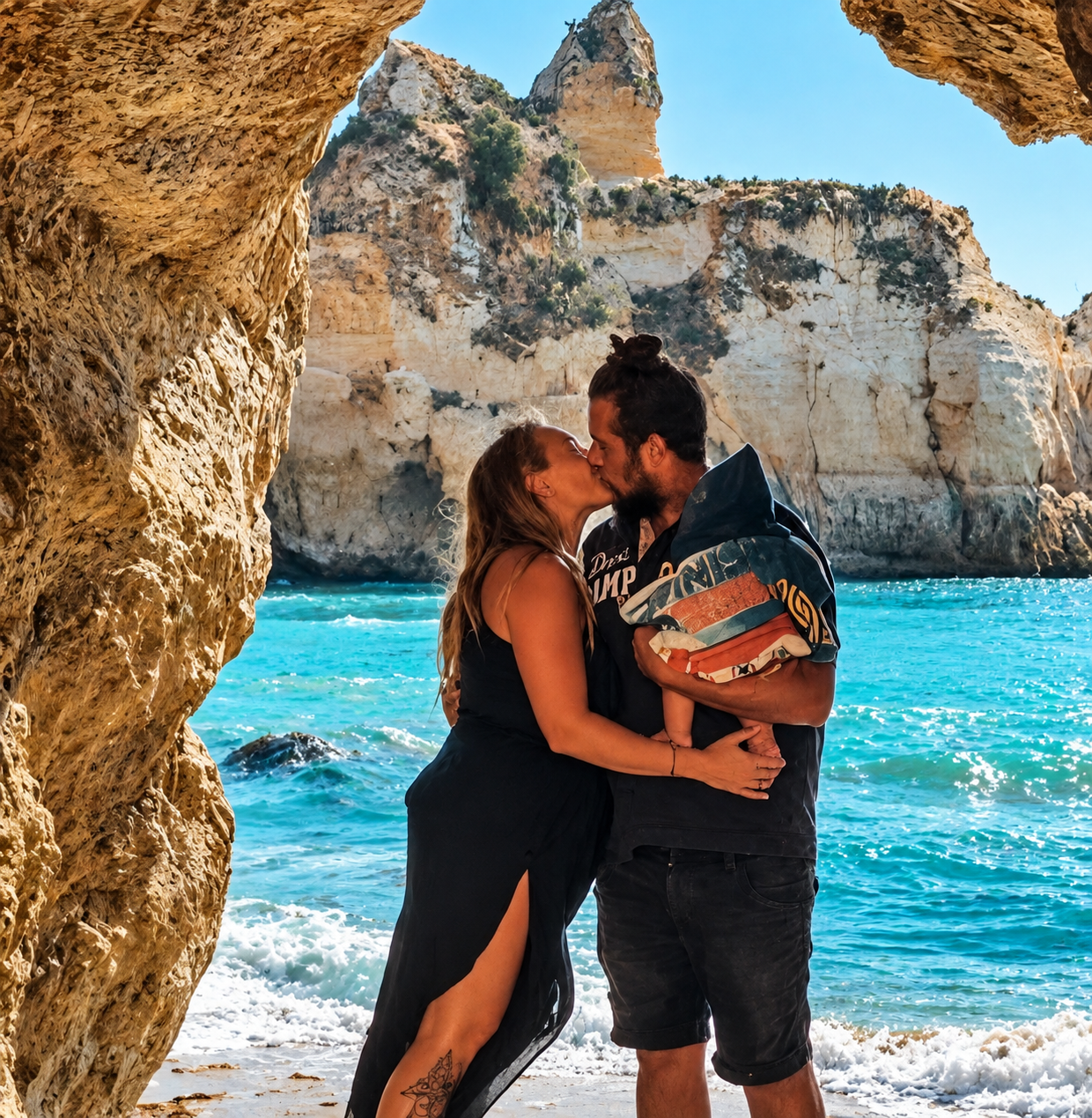 Eileen und Marco küssen sich unter einem Felsbogen am Meer auf unserer Portugalreise