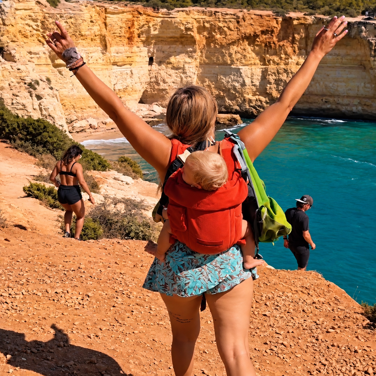 Eileen mit Babytrage jubelnd auf einer Klippe am Meer während unserer Portugalreise