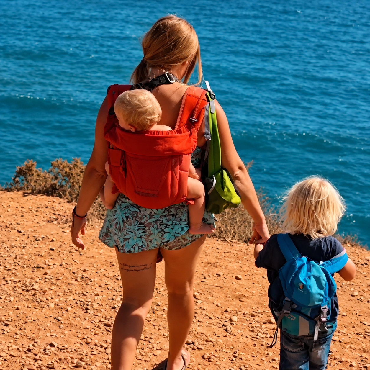 Eileen mit Babytrage und ihrem Sohn an der Hand an der portugiesischen Küste