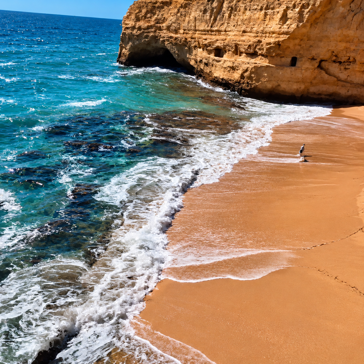 Blick von oben auf Meer und Strand während unserer Portugalreise
