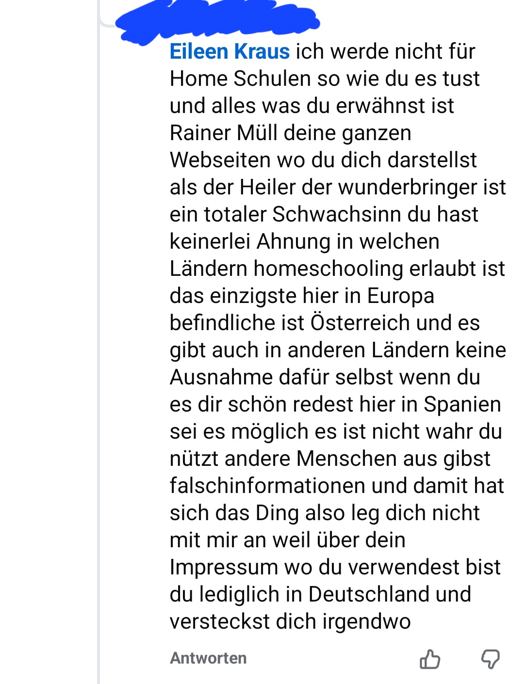 Facebook-Diskussion über Homeschooling in Europa