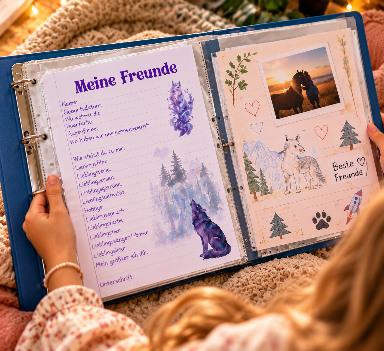 KI-Visualisierung eines aufgeschlagenen Freundschaftsordners mit Freundebuchseiten und Erinnerungen