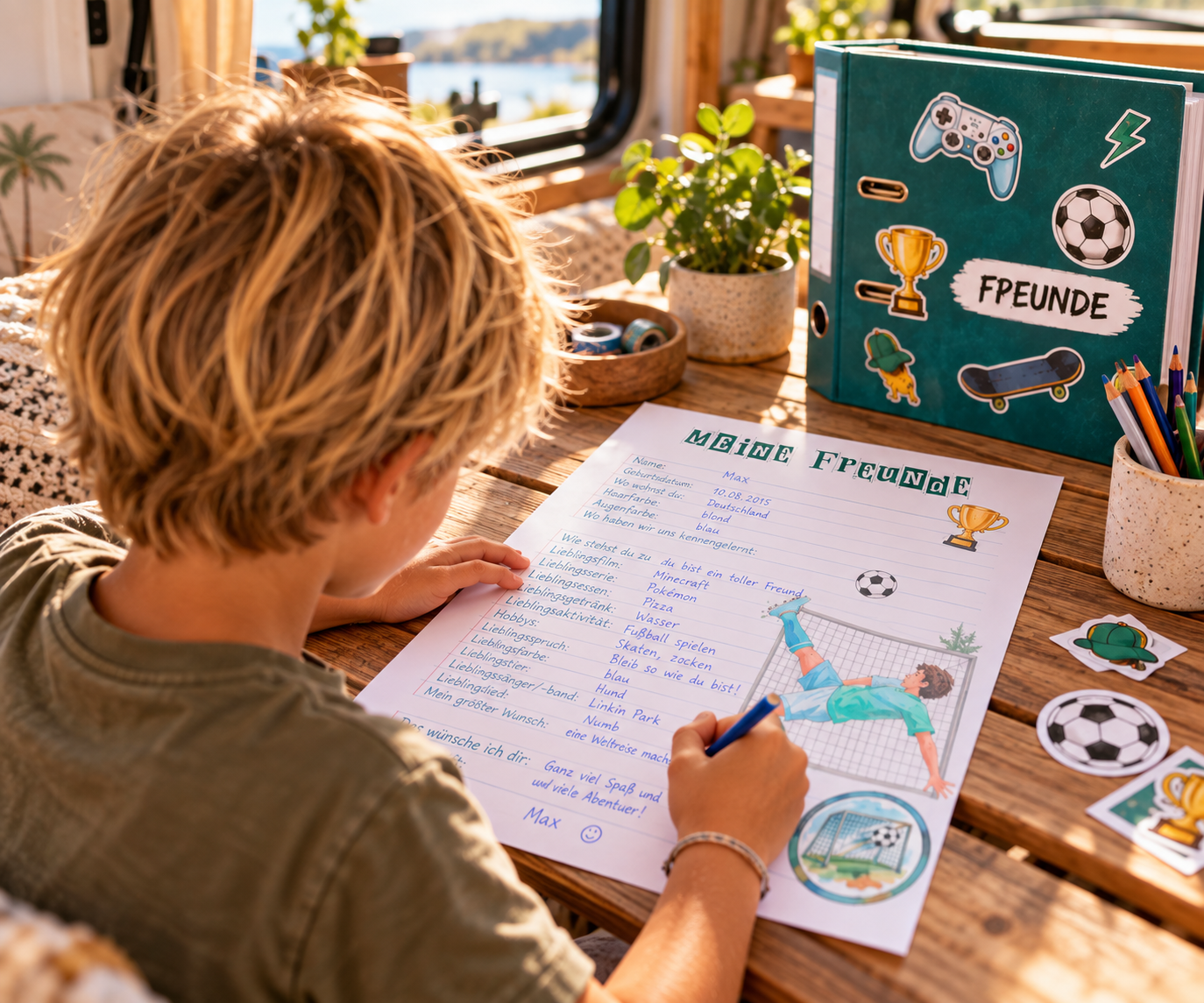 KI-Visualisierung eines Jungen beim Ausfüllen einer Freundebuchseite im Camper